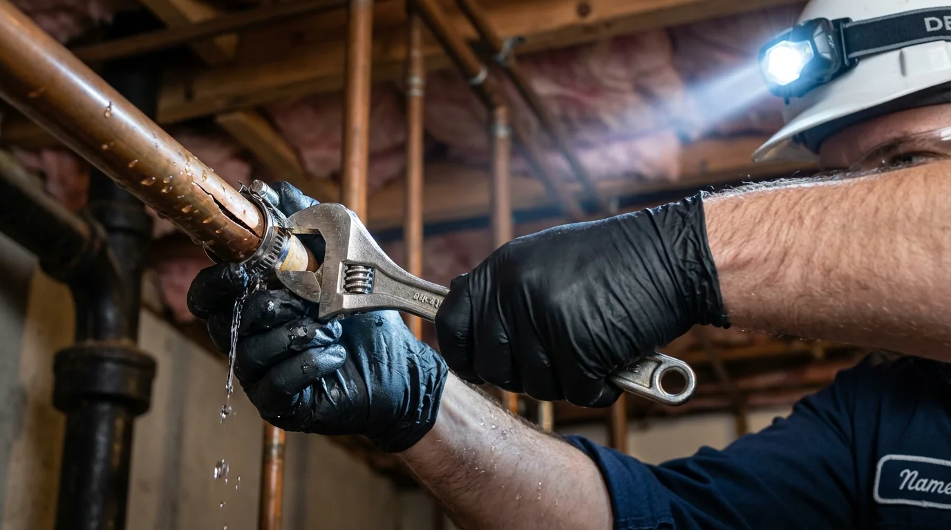 Emergency pipe clamp repair being performed by a Johns Plumbing LLC plumber in Butte