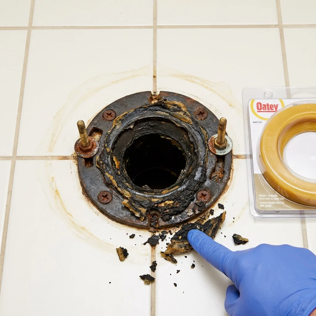 Failed wax ring showing water seepage at the base of a toilet in a Butte, NE home
