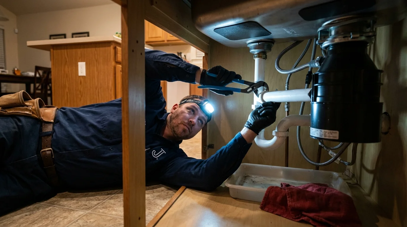P-trap and supply line connections under a kitchen sink showing a common leak point in Butte, NE